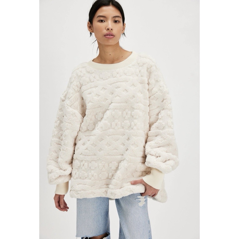 Free People Cable Knit Sweatshirt Women's Size Medium Ivory Oversized Fleece NWT